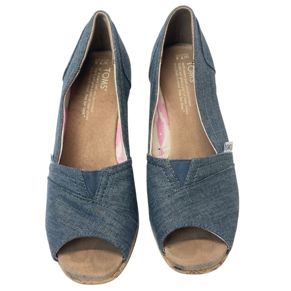 Toms Blue and Tan Cork Peep Toe Wedge Espadrilles - Picture 2 of 12